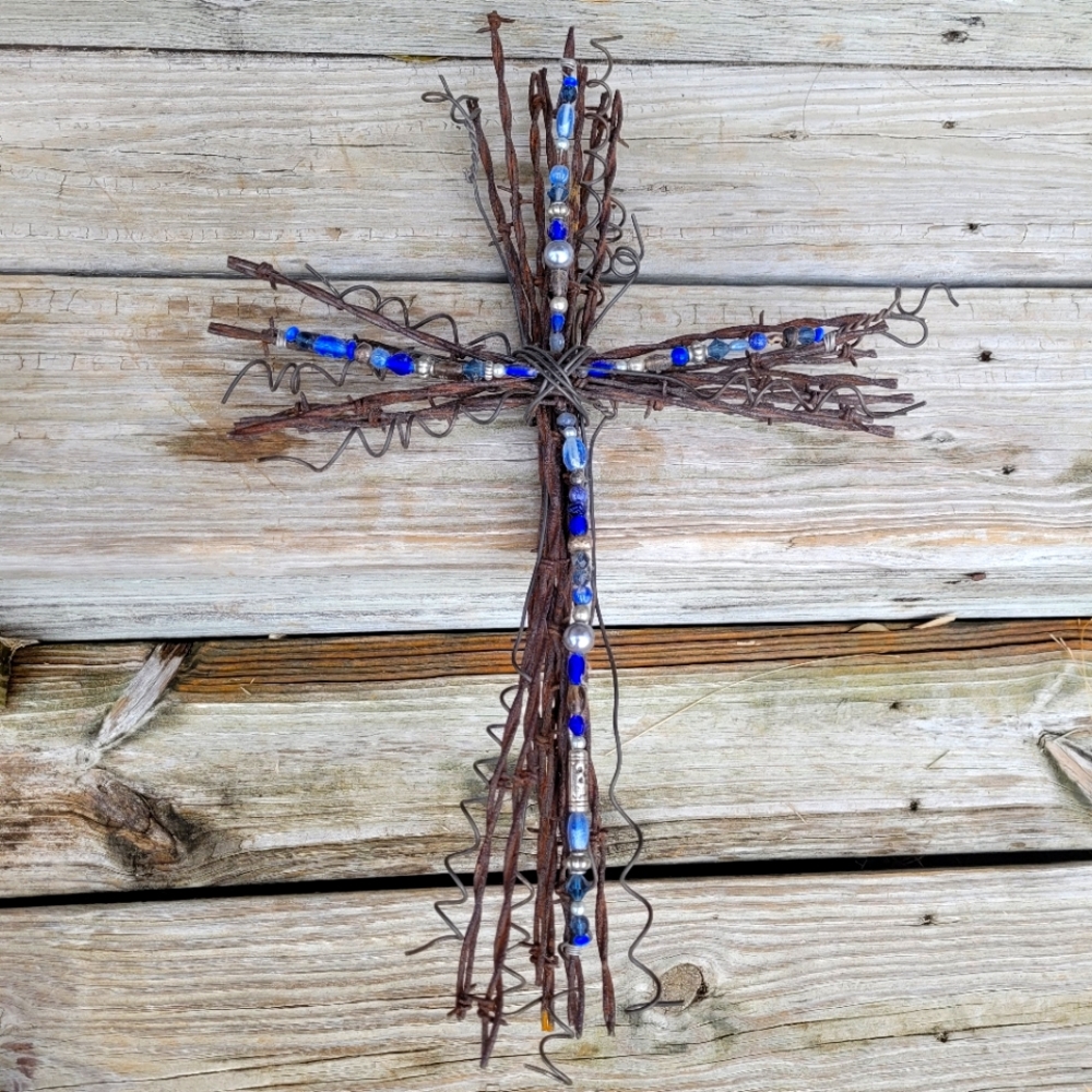 Handmade cross with blue & silver beads